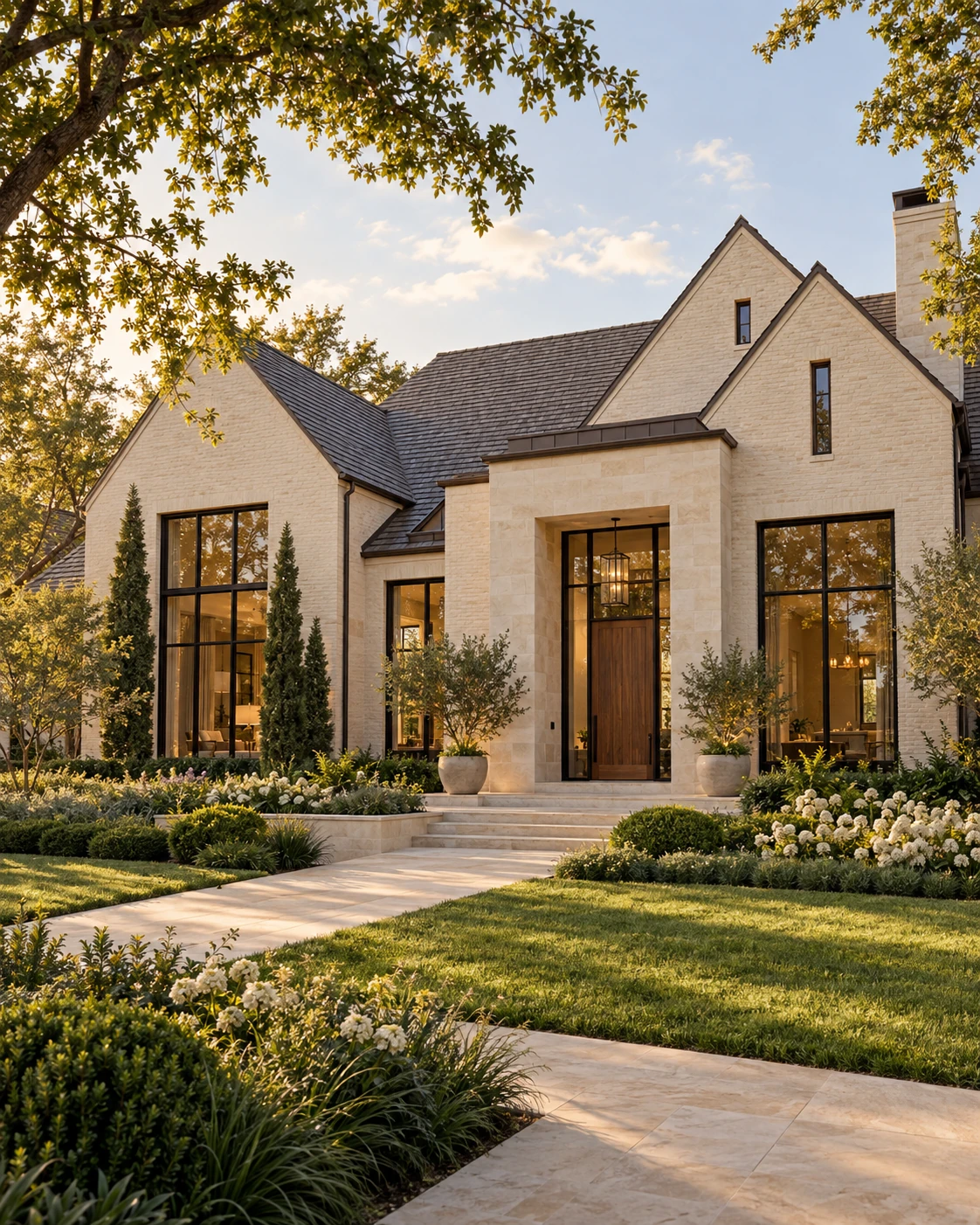 Ivory brick custom-home concept with dark windows, a warm timber entry and lush landscaping